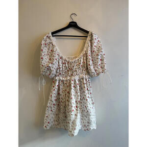For Love & Lemons White Floral Puff Sleeve Dress with Smocked Waist